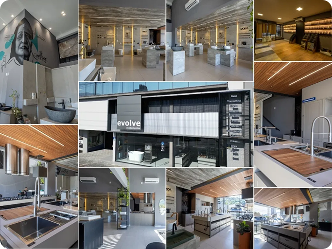 Ambientes e showroom da Evolve Acabamentos